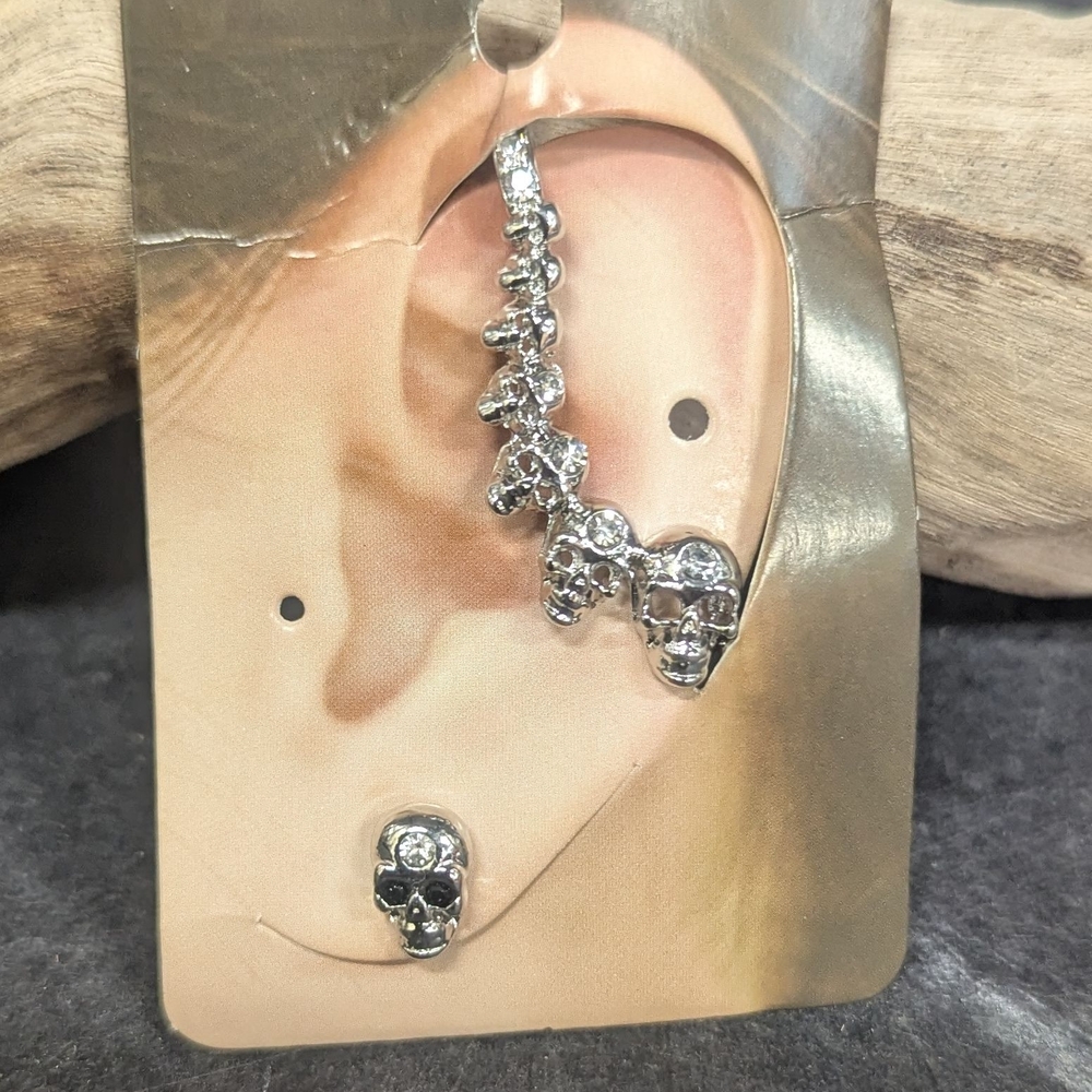 Silver Skull Ear Cuff with Crystals
